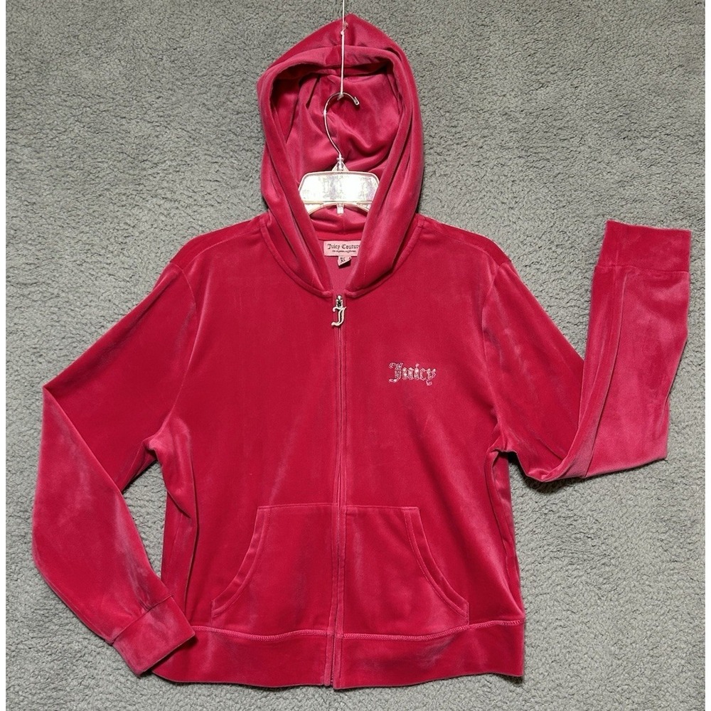 Juicy Couture Hoodie Womens XL Pink Velour Zip‎ Up Jacket Rhinestone Juicy Logo